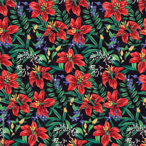 Seamless floral pattern: painted tropical plants, large exotic flowers, leaves. Beautiful botanical print with ornate vintage garden, red lily flowers, foliage on dark background. Vector illustration. © Yulya i Kot