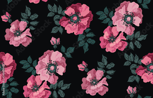 Seamless pattern, beautiful botanical print with large wild rose flowers on a dark background. Romantic botanical design with vintage motif: hand drawn pink flowers, leaves. Vector illustration.