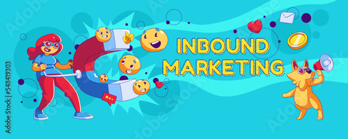 Inbound marketing banner. Concept of business strategy for attract and retention customers. Woman with big magnet and dog with megaphone  vector illustration in contemporary style