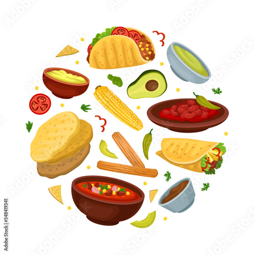 Mexican food dishes of circular shape banner. Traditional Mexican meal poster, card template, website cartoon vector