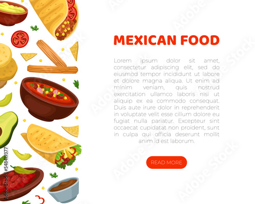 Mexican food web banner, mobile app. Traditional Mexican meal cafe, restaurant, bar brochure template with space for text cartoon