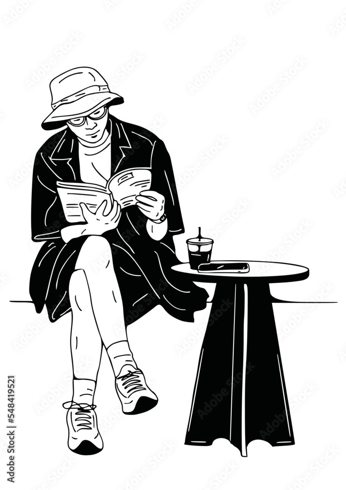 Obraz premium man drinking coffee at coffee shop People life line art illustration