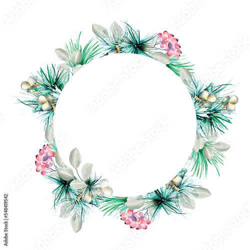 Wreath of winter plants and red berries watercolor illustration isolated on white.