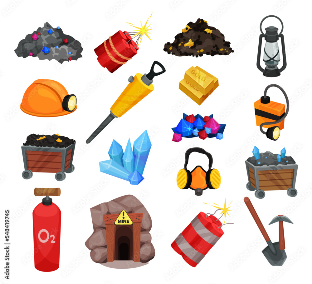 Mining industry equipment set. Old mine entrance, wooden trolley