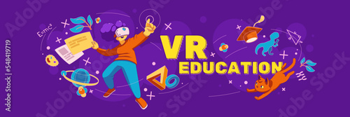 VR education poster. Concept of virtual reality technologies, metaverse for learning. Girl student in VR glasses and icons of different sciences, vector illustration in contemporary style
