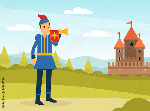 Royal herald with trumpet. Medieval trumpeter character cartoon vecto photo