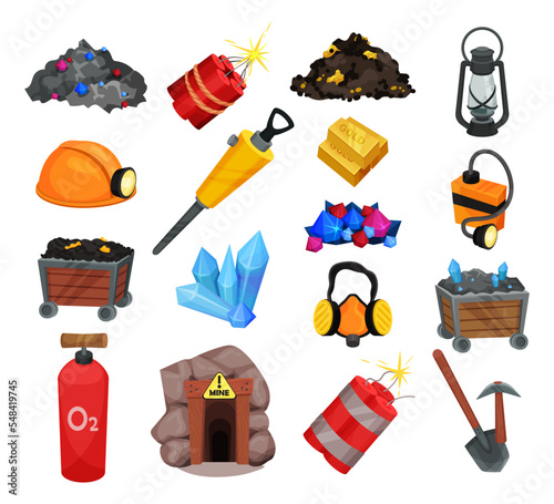 Mining industry equipment set. Old mine entrance, wooden trolley, shovel, helmet, dynamite sticks, gemstones. Geological tools cartoon vector