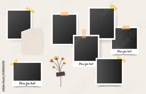 Big set of Retro instant photos on beige wall. Mood board of blank photo frames for memories. Snapshots glued with color adhesive tape. Vector illustration