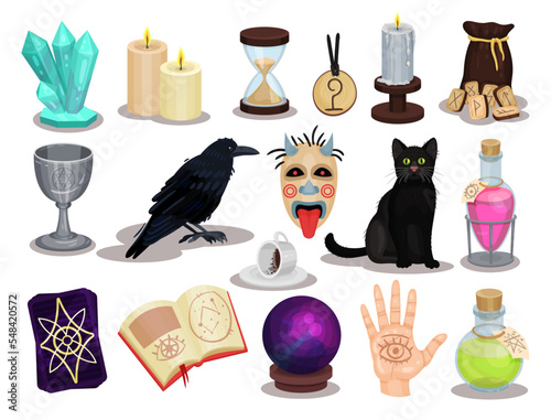 Magical Things and Witchcraft Elements with Crystal Ball, Candle, Goblet, Raven, Flask with Poison and Black Cat Big Vector Set