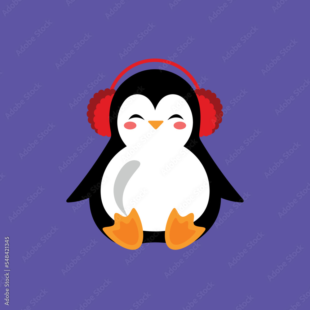 Obraz premium Cute cartoon penguin with headphones icon, vector illustration.