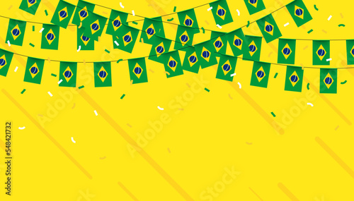 Brazil celebration bunting flags with confetti and ribbons on yellow background. vector illustration.