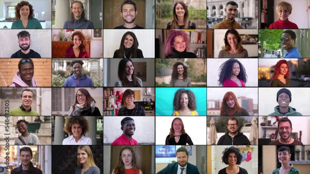 Multiscreen on smiling multiethnic young people.Joy, carefreeness, happiness Multiscreen on smiling multiethnic young people.Joy, carefreeness, happiness