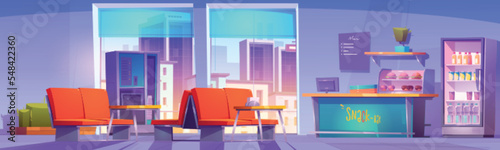 Empty snack bar interior with furniture and food, beverages in fridge, city buildings view in window. Canteen or cafe for visitors of hospital, business center or school. Vector cartoon illustration