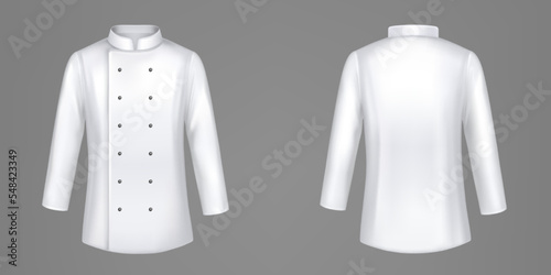 White chef jackets, cook uniform, shirt with two rows buttons and collar front and rear view. Isolated restaurant staff suit mock up, formal wear, apparel, clothes, Realistic 3d vector illustration photo
