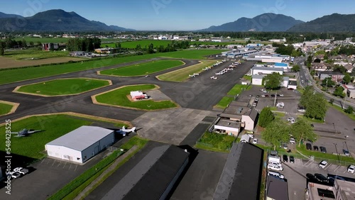 Aerial View Of Terminal Buildings And Airfield Of Chilliwack Municipal Airport In Chilliwack, British Columbia, Canada.