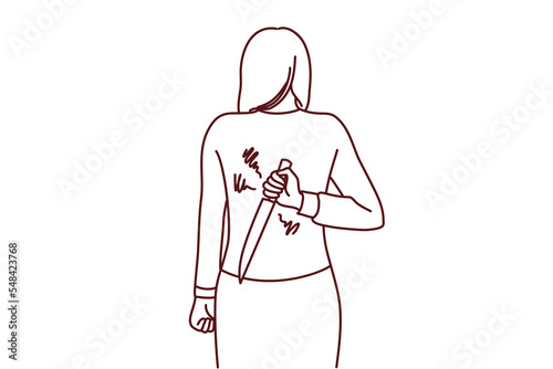 Woman hiding knife behind back ready to betray or attack. Businesswoman with weapon hidden. Risky deal or rivalry. Vector illustration. 