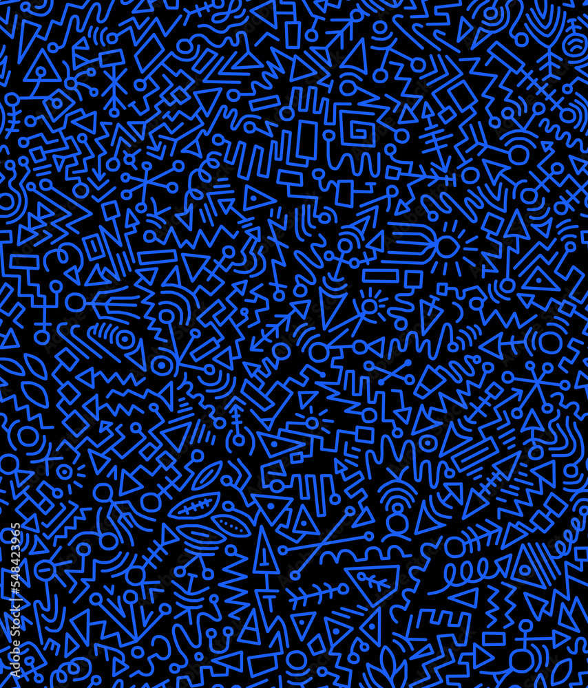 Abstract doodle drawing with blue lines on a black background.Seamless pattern.