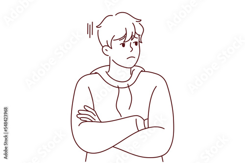 Unhappy young man look aside feeling bored and distressed. Upset millennial guy unsatisfied with news or situation. Stress and loneliness. Vector illustration.