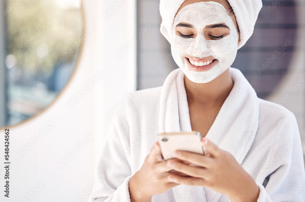 Skincare, face mask and woman on smartphone for social media cosmetics review, blog post and search dermatology benefits online. Beauty, facial product and girl using phone for morning results update Skincare, face mask and woman on smartphone for social media cosmetics review, blog post and search dermatology benefits online. Beauty, facial product and girl using phone for morning results update