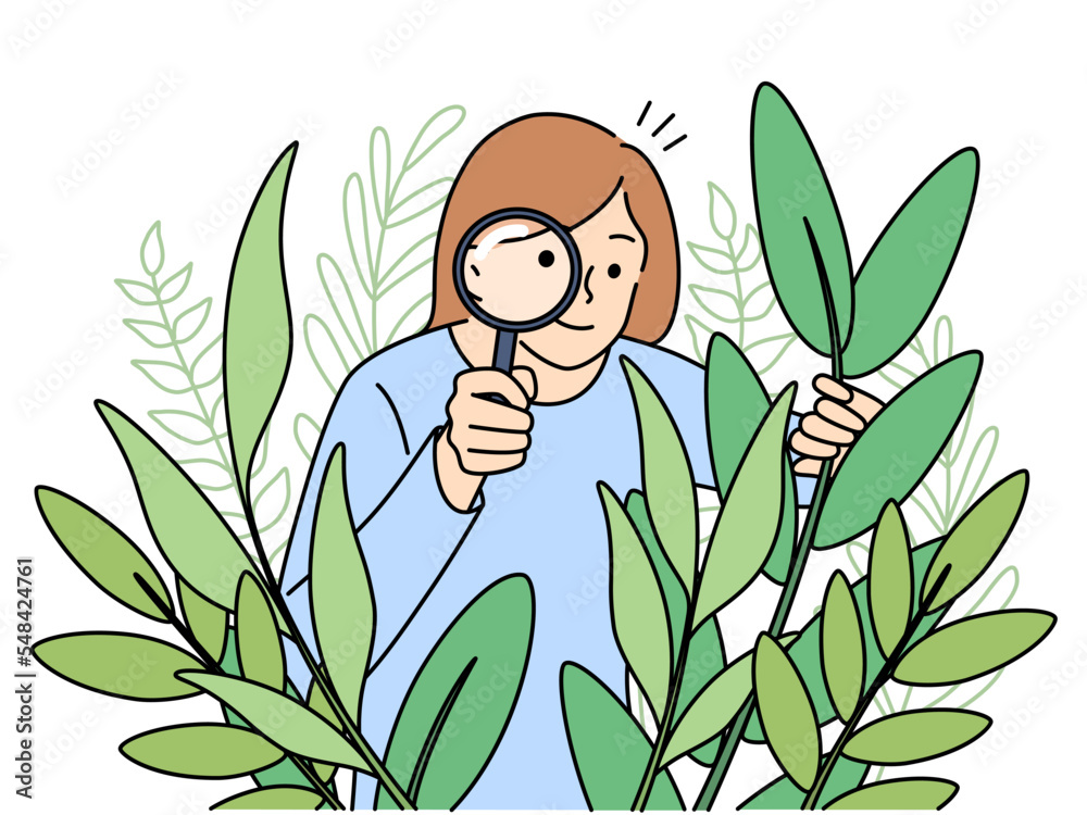 Woman botanist with magnifier look at plants - obrazy, fototapety, plakaty 