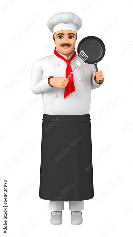 A male chef is holding a frying pan. A male chef is holding a frying pan.