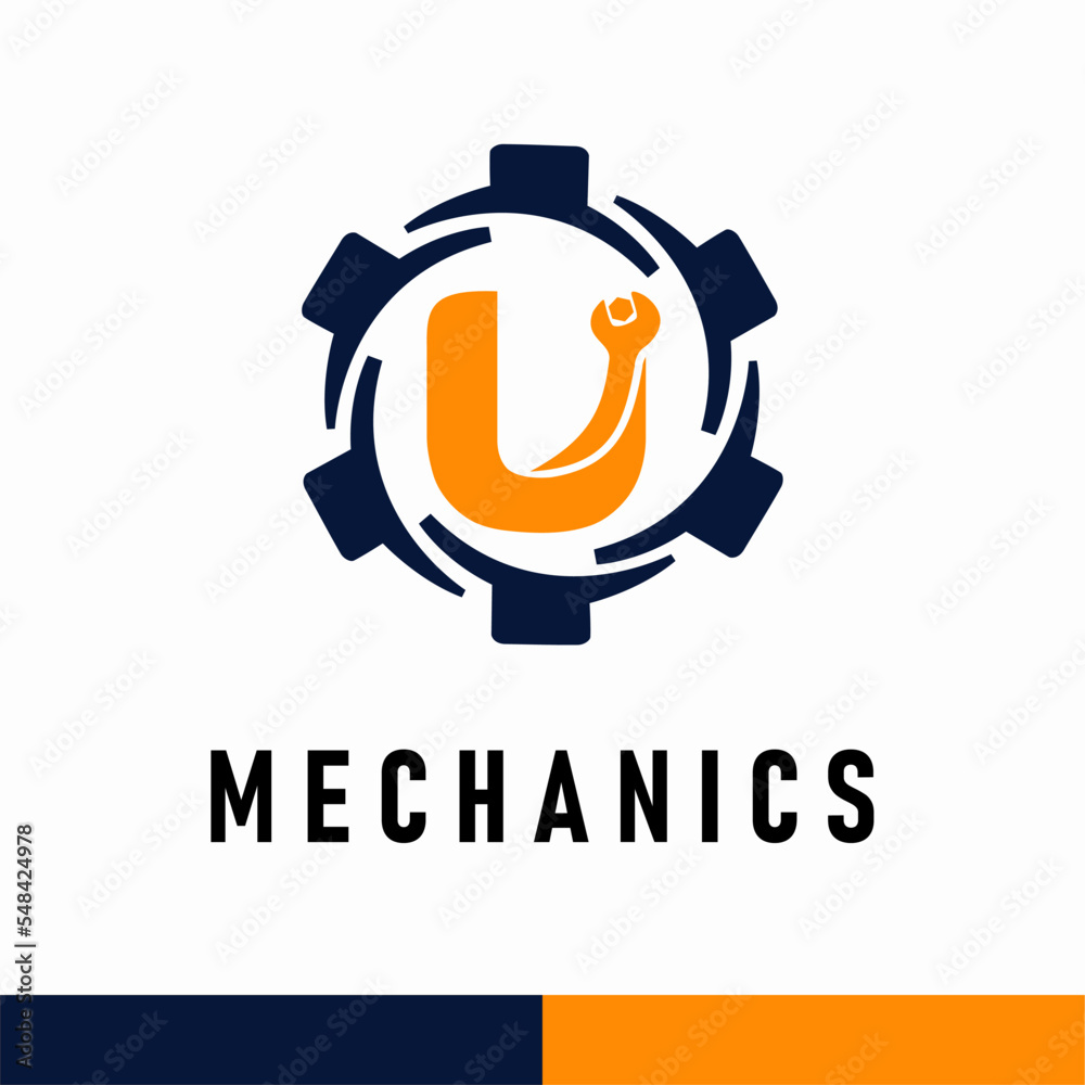 Initial U Letter with Gear and Wrench symbol for mechanic automotive repair business service logo template Initial U Letter with Gear and Wrench symbol for mechanic automotive repair business service logo template