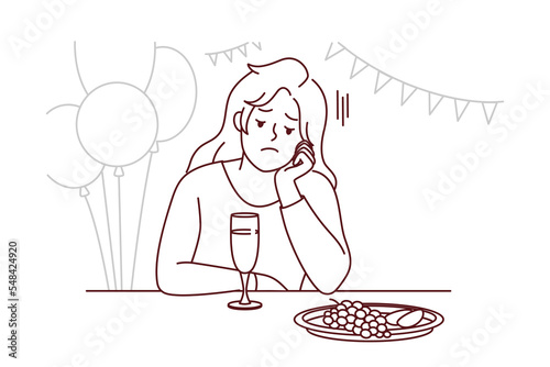 Bored young woman sit alone at party lack communication. Unhappy stressed girl feel lonely at celebration. Loneliness and solitude. Vector illustration.