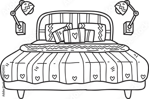 Hand Drawn bed and lamp interior room illustration