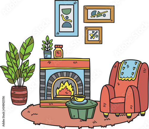 Hand Drawn Fireplace with plants and sofa interior room illustration