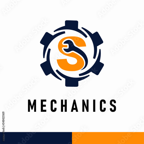 Initial S Letter with Gear and Wrench symbol for mechanic automotive repair business service logo template