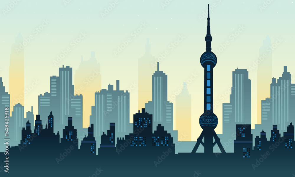 Obraz premium City view with many tall skyscrapers and oriental pearl shanghai