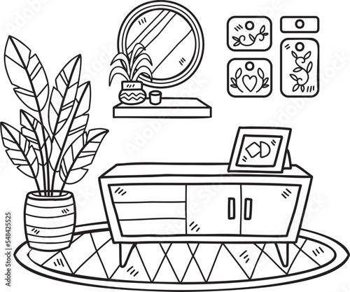 Hand Drawn shelf with plants on carpet interior room illustration