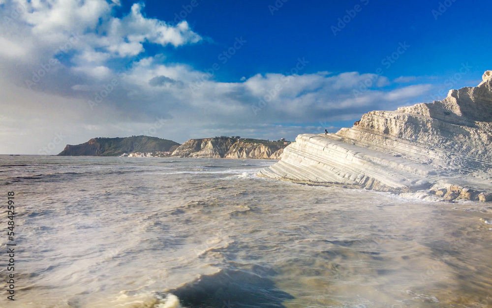 Obraz premium Aerial drone viewpoint on Stair of the Turks. Scala dei Turchi is a rocky cliff on the southern coast of Sicily, Italy