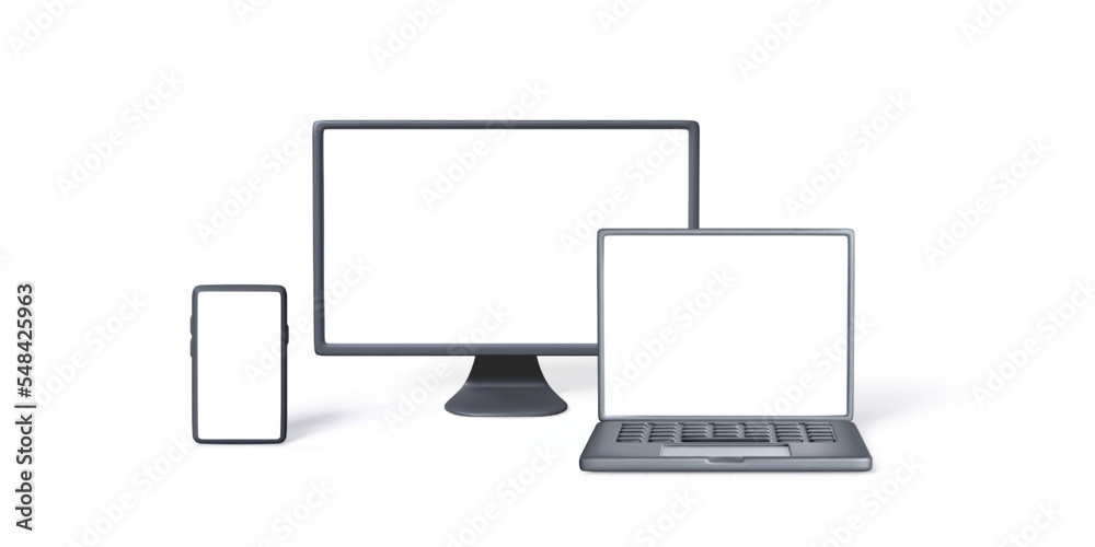 Smartphone, PC monitor, laptop template in 3D style isolated on white background. Set of Computer gadgets front view for banner design