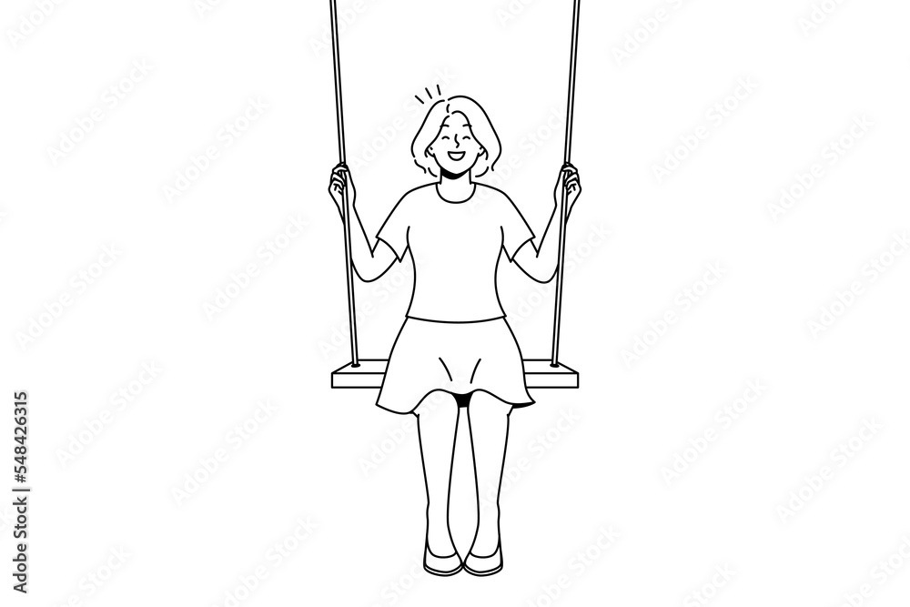 Smiling young woman sit on swing in clouds dreaming. Happy girl swaying on tilt in sky. Dreamer and visualization. Vector illustration. Smiling young woman sit on swing in clouds dreaming. Happy girl swaying on tilt in sky. Dreamer and visualization. Vector illustration.