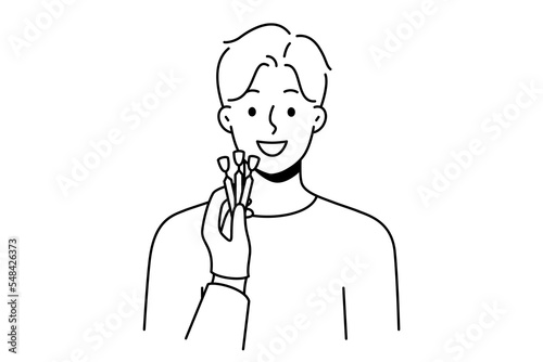 Dentists hand with veneers comparing with client teeth in clinic. Concept of tooth prosthesis and dental care. Vector illustration. 