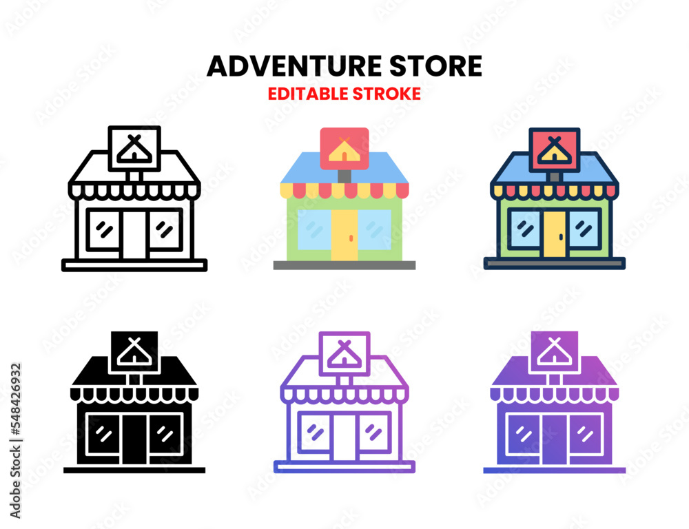 Addventure Shop icon set vector line, outline, glyph, filled line, flat color, line and flat gradient. Editable stroke and pixel perfect. Can used for digital product, presentation, UI and many more.