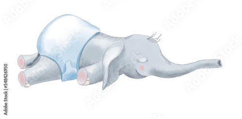 Photography Children's illustration of a sleeping cute baby elephant.