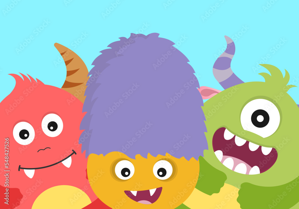 Fototapeta premium Cute monster background, banner or poster design. Cartoon character card template. Vector illustration.