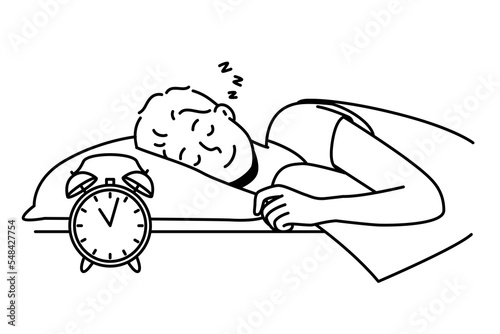 Happy guy lying in bed sleeping peacefully. Smiling calm young man relax nap in bedroom. Relaxation and daydreaming. Vector illustration.