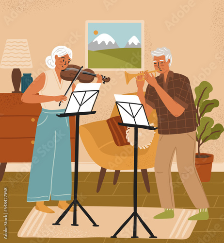 Senior couple with music instruments playing violin and trumpet. Nursing home hobby concept vector illustration. Old people active lifestyle
