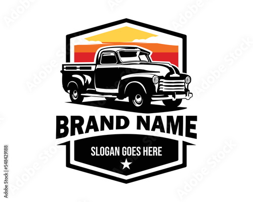 vintage american truck logo side view with attractive sunset view. Best for badge  emblem  icon and sticker design. vector illustration available in eps 10.