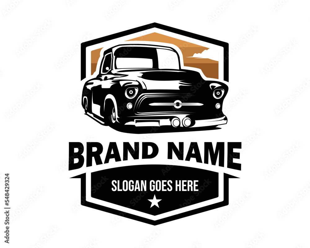 vintage truck logo showing from the front. stunning sunset view design. vector illustration available in eps 10.