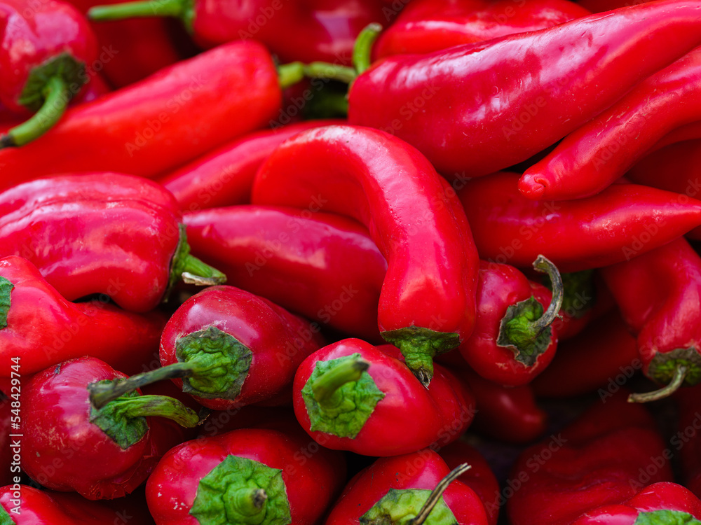 fresh red peppers at the market