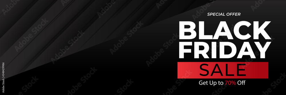 Black Friday and Cyber Monday banner long narrow header for website. 3d black and red realistic design and sale text. Stock vector illustration.