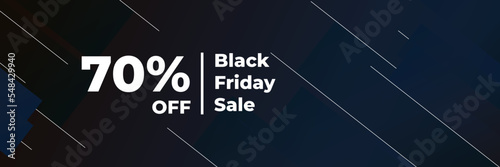 Black Friday and Cyber Monday banner long narrow header for website. 3d black and blue realistic design and sale text. Stock vector illustration.