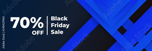 Black Friday and Cyber Monday banner long narrow header for website. 3d black and blue realistic design and sale text. Stock vector illustration.