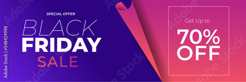 Black Friday and Cyber Monday banner long narrow header for website. 3d black and red realistic design and sale text. Stock vector illustration.