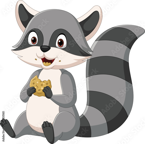 Cute raccoon cartoon sitting and eating cookies