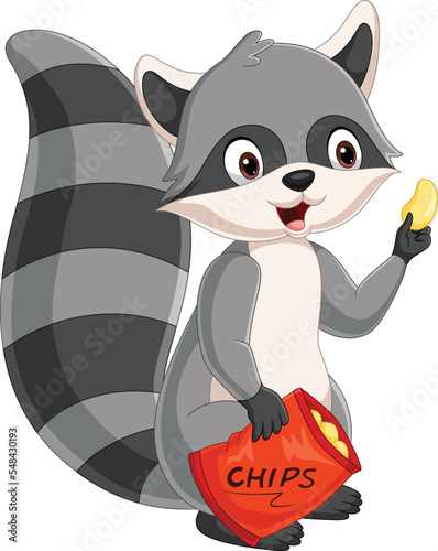 Cute raccoon cartoon holding a food